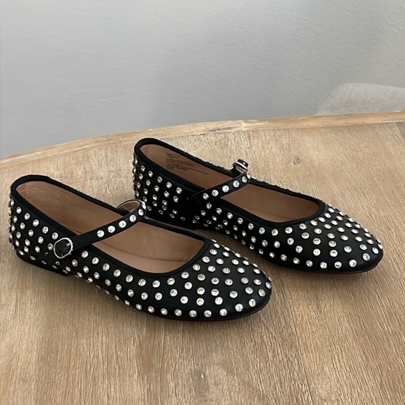 Steve Madden Vinetta Rhinestones Stud Black Mary Jane Ballet Flats - Picture 1 of 11